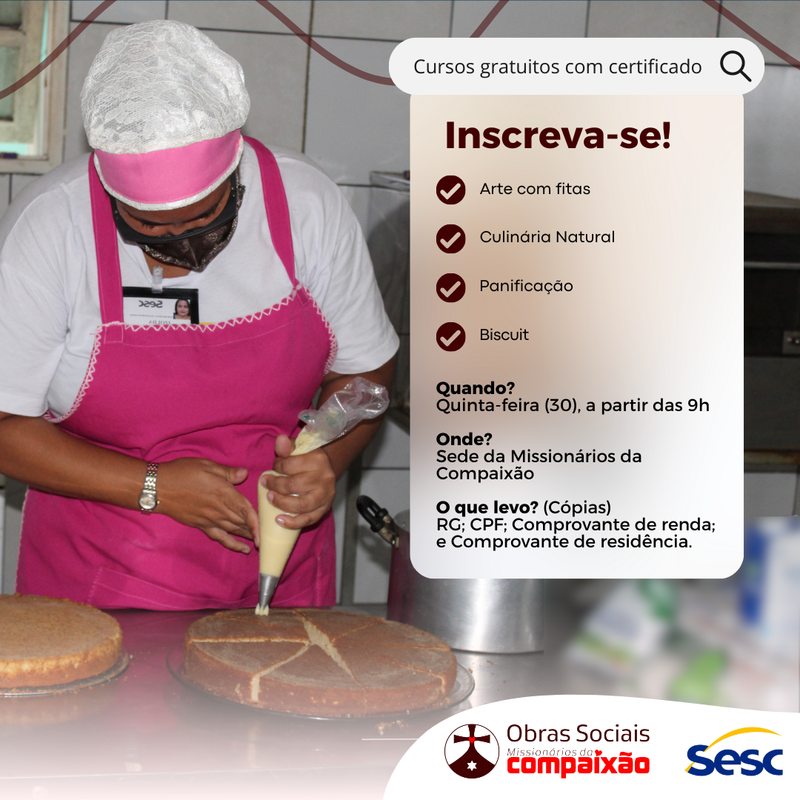 Inscrições abertas para cursos gratuitos de arte e culinária